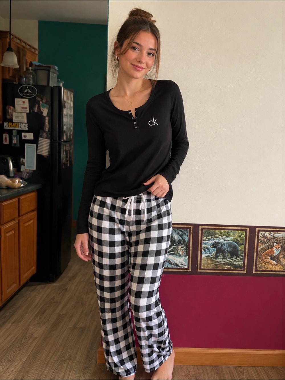Calvin Klein Black Henley Long-Sleeve Pajama Top with Black & White Plaid Pants
